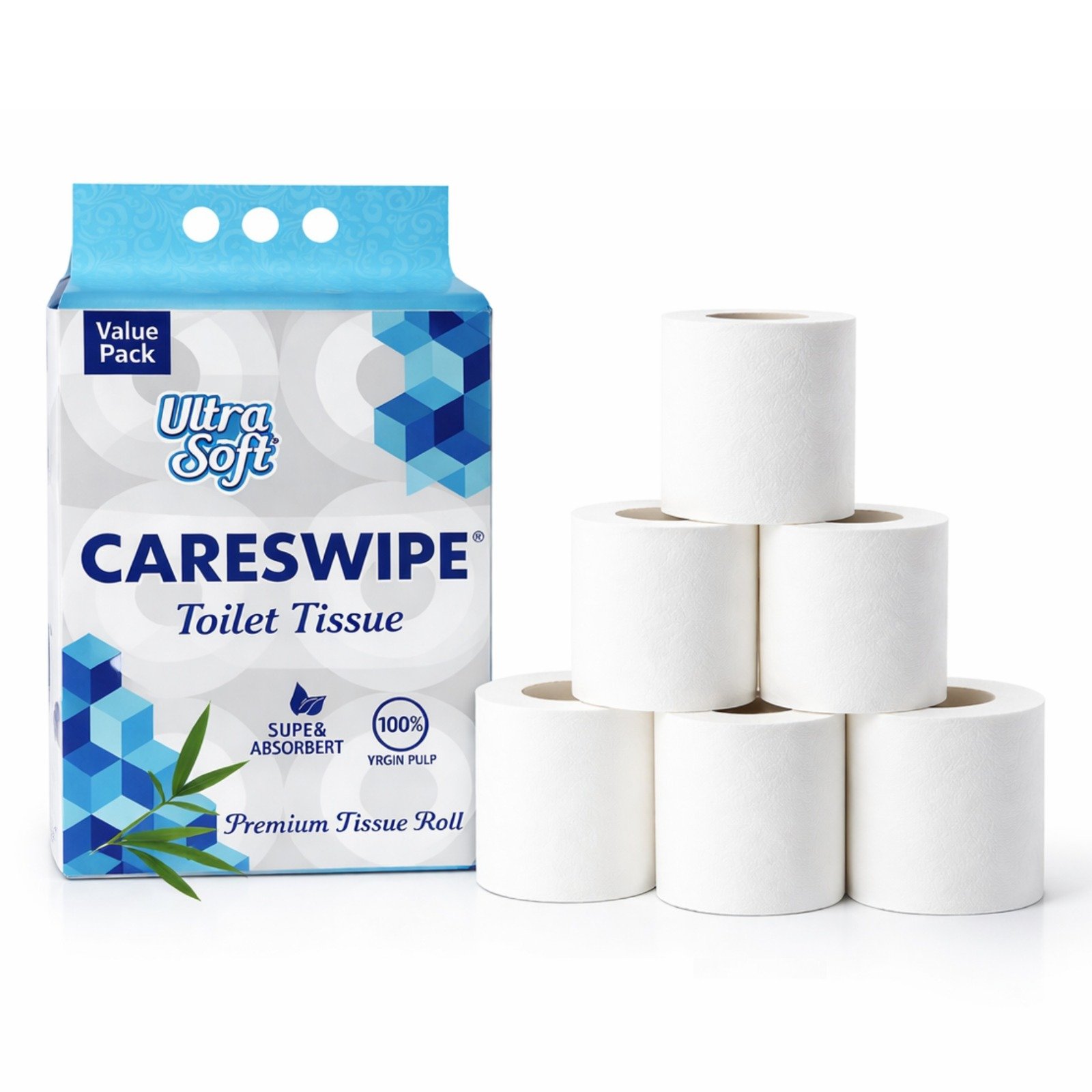 Careswipe 2 Ply Toilet Paper Tissue Roll Family Pack 6-in-1 | Soft & Strong